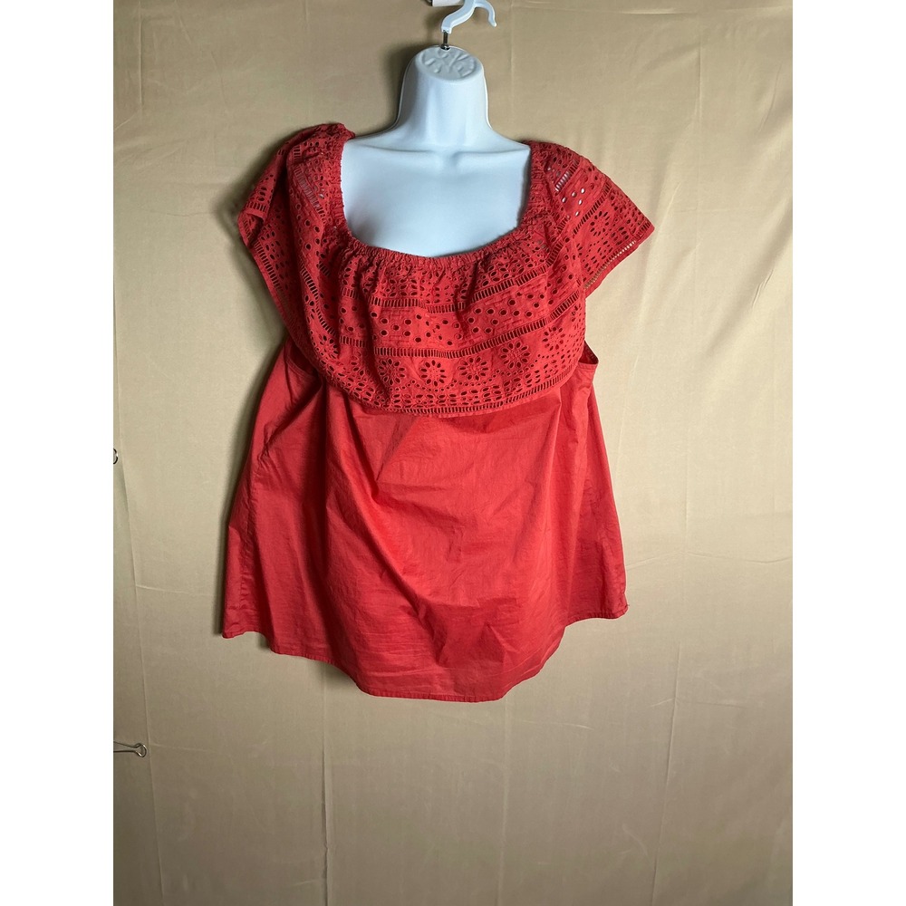 St John's Bay Womens XXL Coral Red Eyelet Lace Ruffle Off Shoulder Cotton Blouse